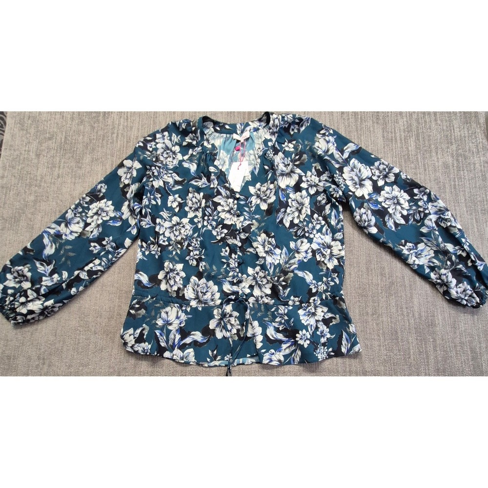 NWT Parker blue‎ floral peplum blouse SM long balloon sleeves V-Neck tie waist